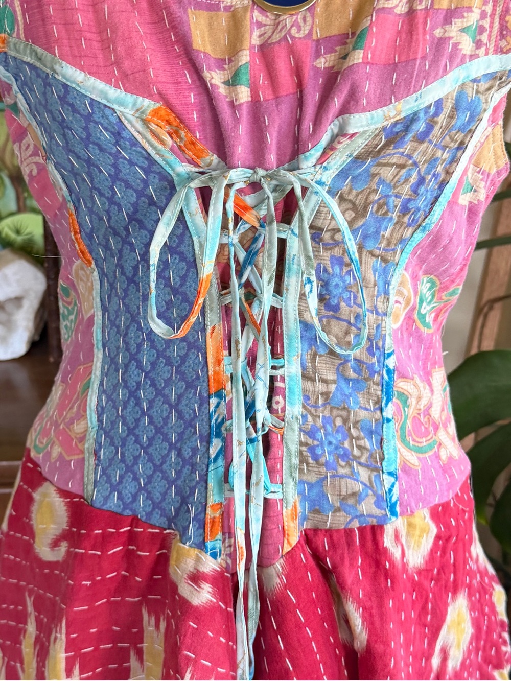 Wevez Kantha Bohemian Patchwork Pixie Skirt Corset Sundress Pink Multi OS - Picture 6 of 14